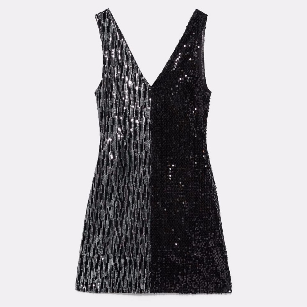 ZARA V-NECK MESH DRESS WITH SEQUINS BLACK Size S